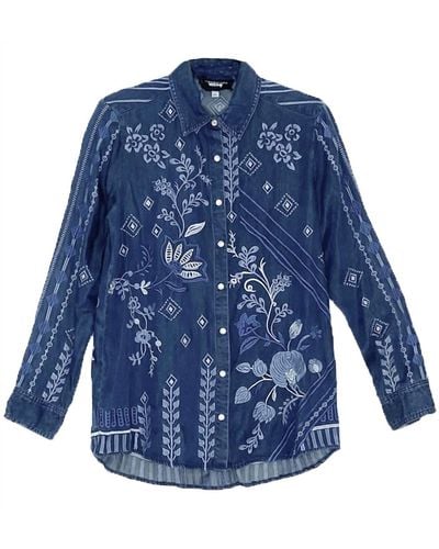 Johnny Was Willow Embroidered Denim Shirt - Blue