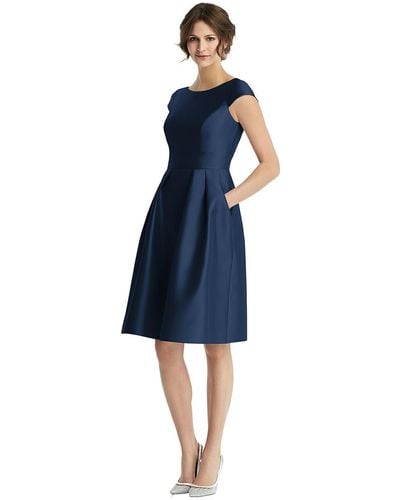 Alfred Sung Cap Sleeve Pleated Cocktail Dress With Pockets - Blue