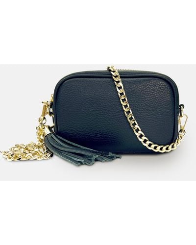 Apatchy London The Mini Tassel Black Leather Phone Bag With Gold Chain Crossbody Strap - Blue