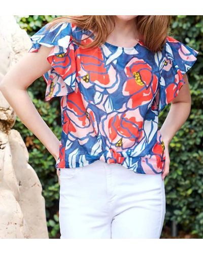 Finley Shirts Knot Top Roses Print - Blue