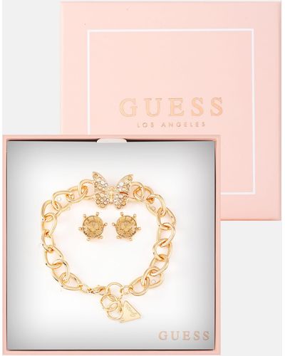 Guess Factory Gold-tone Chain Bracelet And Crystal Earrings Box Set - Pink
