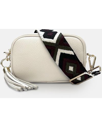 Apatchy London The Mini Tassel Stone Leather Phone Bag With Port & Olive Diamond Strap - White