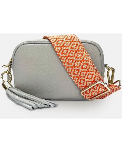 Apatchy London The Mini Tassel Light Gray Leather Phone Bag With Orange Cross-stitch Strap - White