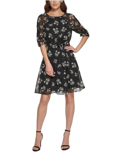 DKNY Petites Floral Print Knee Fit & Flare Dress - Black
