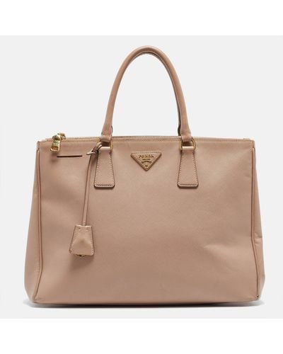 Prada Light Saffiano Lux Leather Large Double Zip Tote - Natural