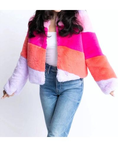 Karlie Colorblock Stripe Fur Jacket - Pink