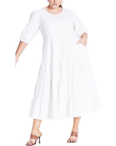 City Chic Plus Linen Blend Long Fit & Flare Dress - White