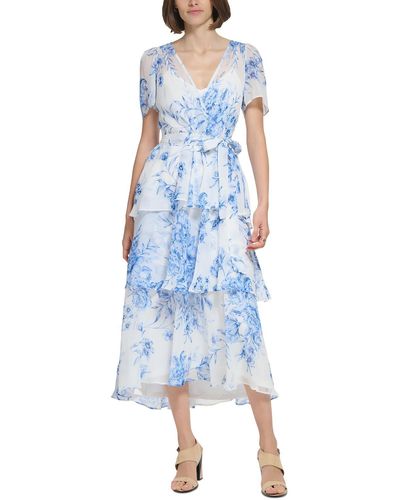 Calvin Klein Floral Print Chiffon Maxi Dress - Blue