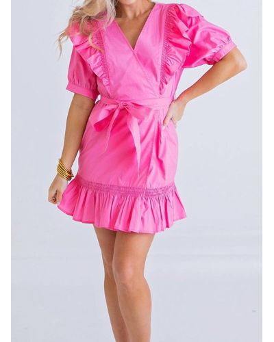 Karlie Solid Poplin Wrap Ruffle Dress - Pink