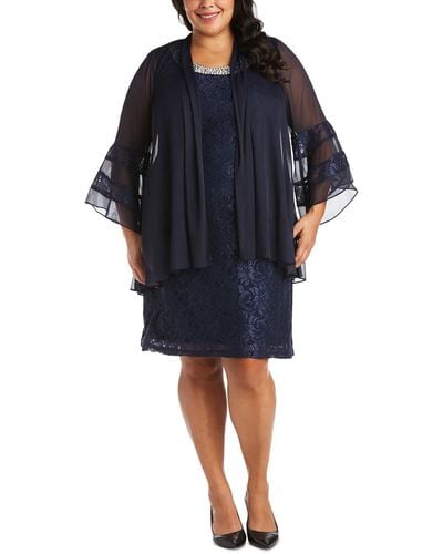 R & M Richards Plus Lace Overlay Knee Length Two Piece Dress - Blue