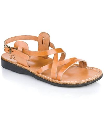 Jerusalem Sandals Tzippora Leather Strappy Slingback Sandal In Tan - Pink