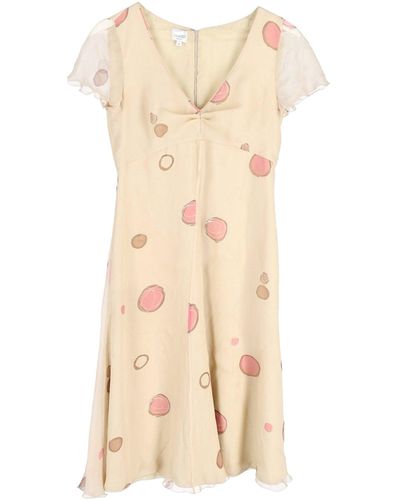 Armani Collezioni Short Sleeve Dot-printed Dress In Beige Silk - Natural