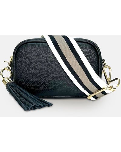 Apatchy London The Mini Tassel Leather Phone Bag With Latte Stripe Strap - Blue