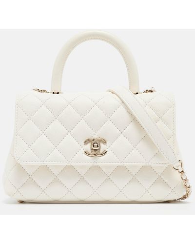 Chanel Quilted Caviar Leather Mini Coco Top Handle Bag - White