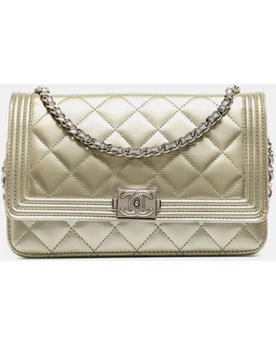 Chanel Pale Gold Quilted Patent Leather Boy Woc Bag - Metallic