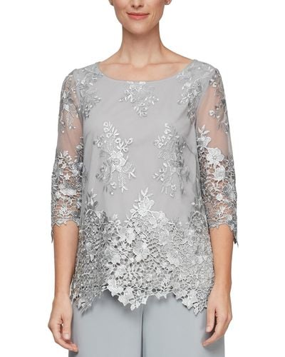 Alex Evenings Floral Embroidered Blouse - Gray