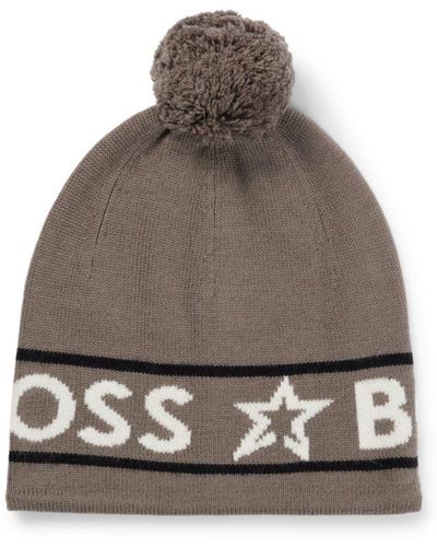 BOSS X Perfect Moment Wool Beanie Hat With Logo Intarsia - Brown