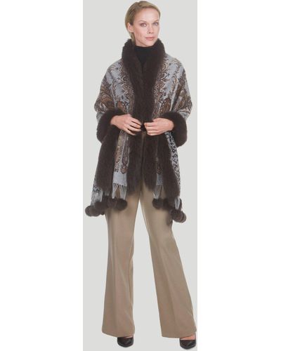Gorski Paisley Print Cashmere Stole With Fox Trim - Brown