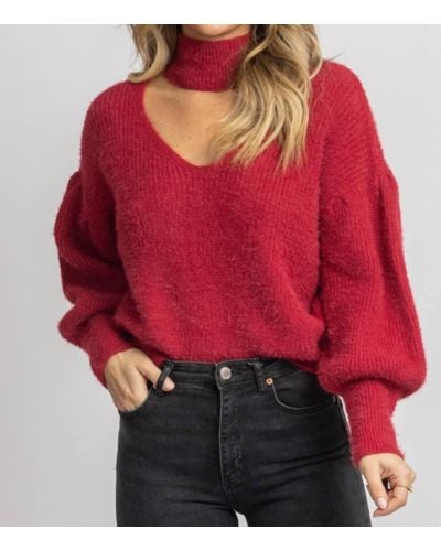 Endless Blu. Fuzzy Open Neck Turtleneck Sweater - Red