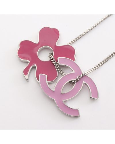 Chanel Coco Mark Clover Necklace Silver 04p - Pink