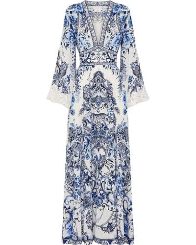 Camilla Kimono-sleeve Silk Crepe Maxi Dress - Blue