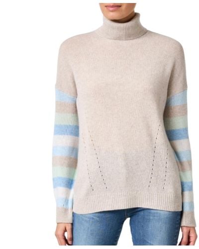 Kinross Cashmere Stripe Sleeve Turtleneck Sweater - Natural