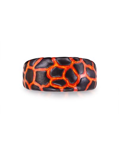 Monary Earth & Fire Black Rhodium Plated Sterling Silver Textured Red Orange Enamel Band Ring