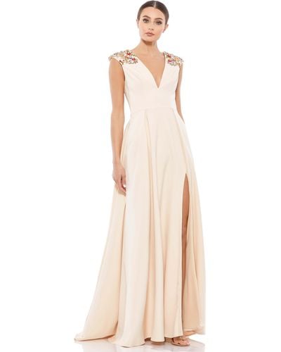 Mac Duggal Beaded Cap Sleeve V Neck A Line Gown - White