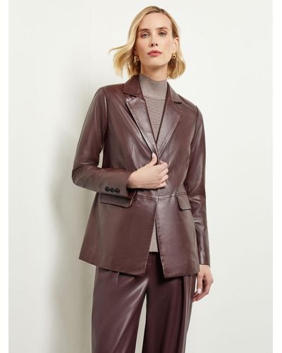 Misook Tailored Leather Notched Lapel Jacket - Brown