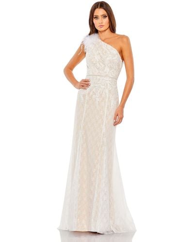 Mac Duggal Embellished Feather One Shoulder Trumpet Gown - White