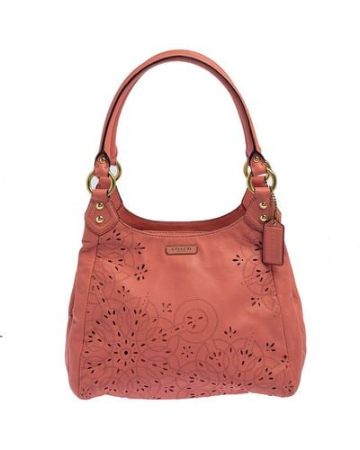 COACH Leather Floral Laser Cut Hobo - Red