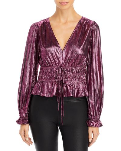 Lucy Paris Celine Metallic V Neck Pullover Top - Purple