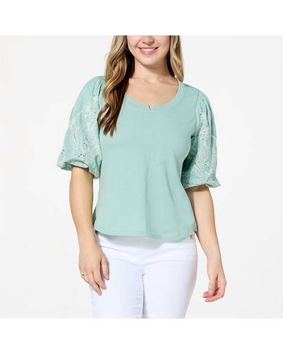 Democracy Embroidered Sleeve Top - Blue