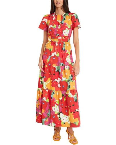 Maggy London Floral Print Cotton Midi Dress - Red