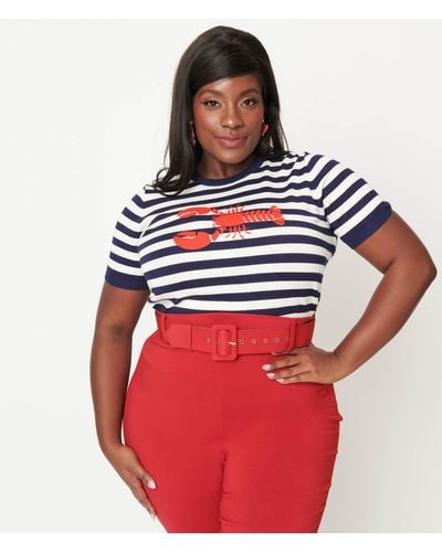 Unique Vintage Plus Size Navy & White Stripe Lobster Sweater - Red