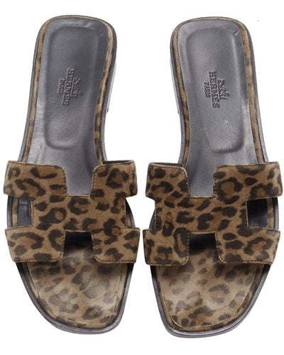 Hermès Hermes Oran H Logo Signature Brown Leopard Print Leather Sandals - Gray