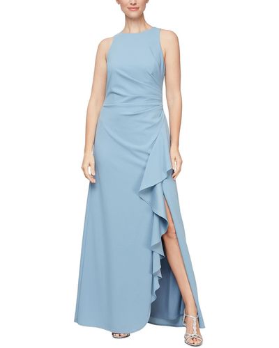 Alex & Eve Knit Cascade Ruffle Evening Dress - Blue