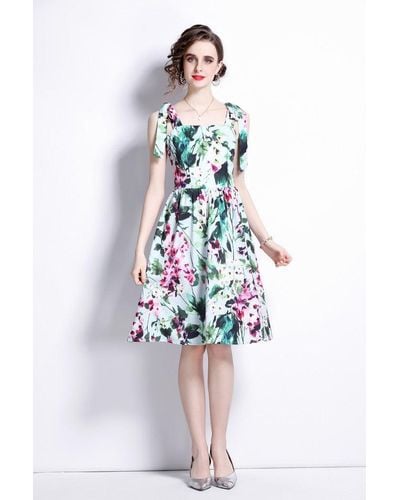 Kaimilan Green Day A-line Off The Shoulder Strap Knee Floral Dress - White