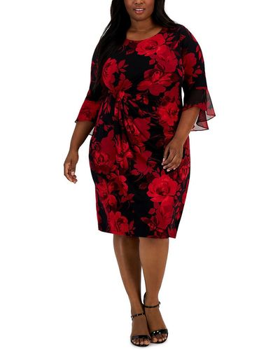Connected Apparel Plus Floral Print Midi Sheath Dress - Red