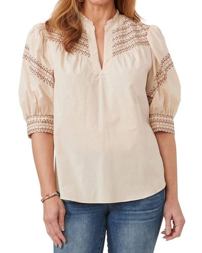 Democracy Elbow Puff Embroidered Top - Natural