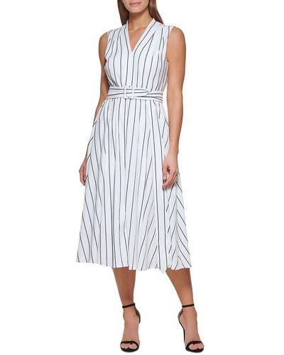 DKNY Belted Midi Fit & Flare Dress - White