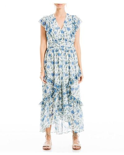 Max Studio Floral Ruffle Midi Dress - Blue