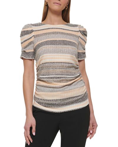 DKNY Ruched Sides Striped Blouse - Gray
