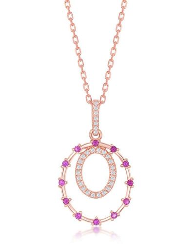 Simona Sterling Silver Double Circle, Ruby Cz Pendant - Gold Plated - Pink