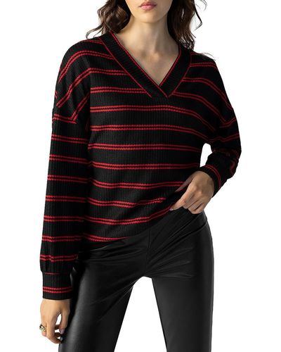 Sanctuary Waffle Striped Pullover Sweater - Black