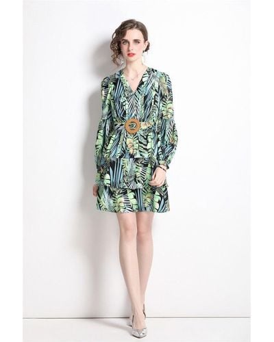 Kaimilan Black & Green Floral Print Day A-line V-neck Long Sleeve Short Dress