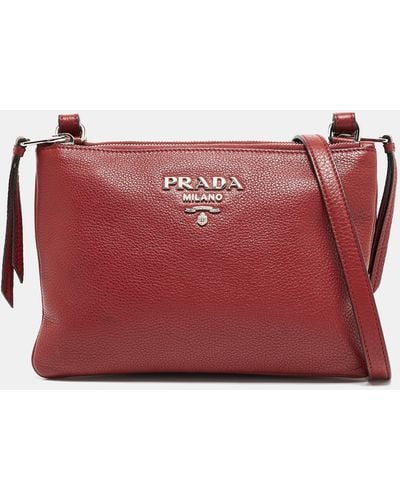 Prada Vitello Phenix Leather Double Zip Crossbody Bag - Red