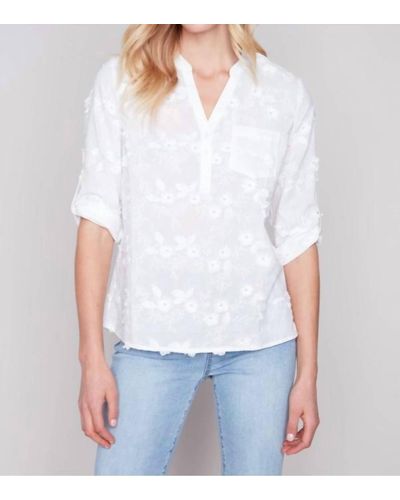 Charlie b Half-button Embroidered Cotton Blouse - White