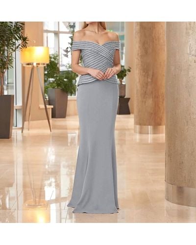 Alexander by Daymor Fitted Bodice Off-shoulder Gown In Sterling Gray - Metallic