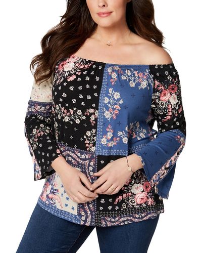 Style & Co. Plus Off-the-shoulder Patchwork Peasant Top - Blue